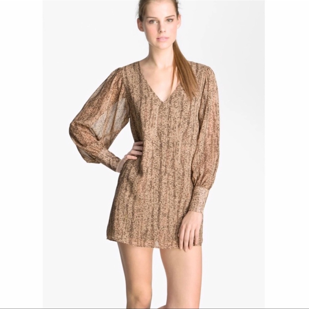 Rory Beca Snakeskin Print Silk Shift Dress Long Sleeve V-Neck Size Medium